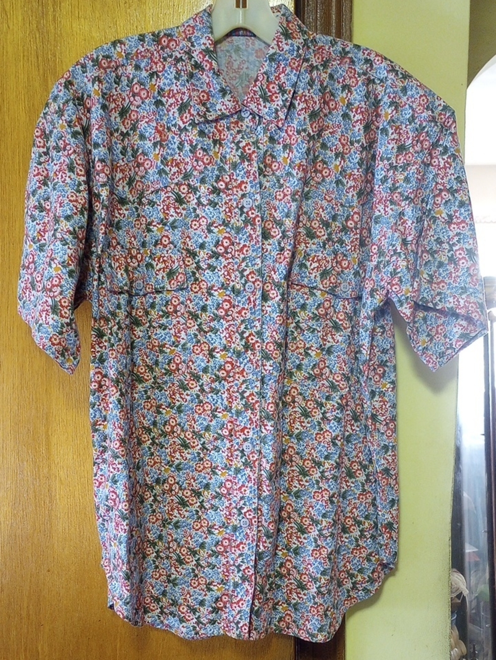Passports Oversized Cotton Floral Top w/ Collar. Blue Red Green Gold White
